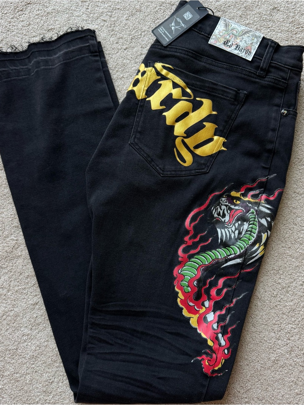 Ed Hardy Men’s Black Cobra Snake Graphic Stacked Bootcut Jeans Sz 34 -18.5" Flat